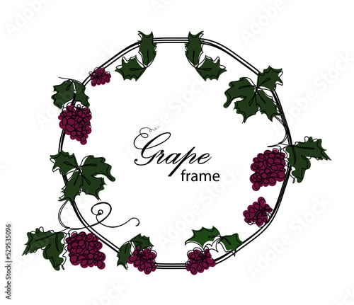 Grape branches frame vector illustration with copy space for text isolated on white background Black continious line design with bunch of grapes and leaves on grapevine with purple and green colors