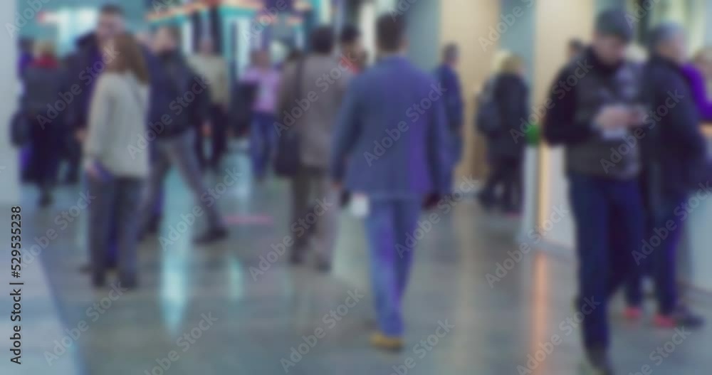 Timelapse.A crowd of unrecognizable people quickly moves in a large hall.Blurred defocused video on the topic of business. Timelapse.A crowd of unrecognizable people quickly moves in a large hall.Blurred defocused video on the topic of business.