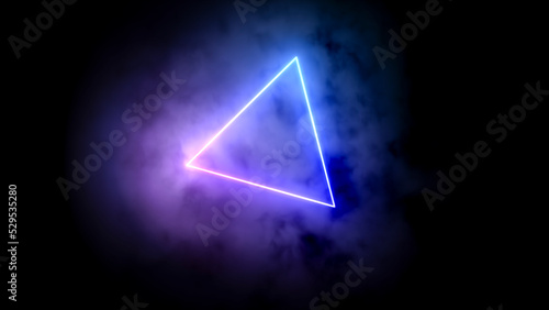 Bright abstract neon triangular figure in clouds of smoke futuristic world.  Cyberpunk technology background with geometric shape. Blue and purple illumination colors. 3d rendering art modern design.