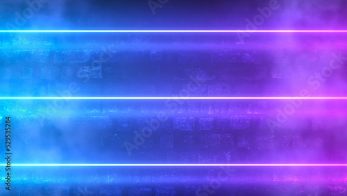 Bright neon lines near an old brick wall in smoke, futuristic cyber world. Cyberpunk technological background, blue and purple fluorescent colors. Illumination lights. 3d rendering art modern design.