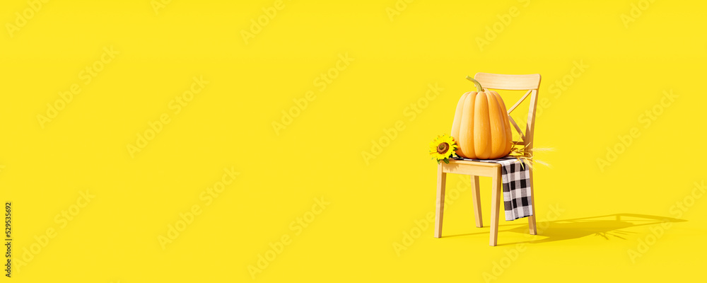 Autumn seasonal concept on yellow background with pumpkin on wooden chair 3d render 3d illustration - obrazy, fototapety, plakaty 