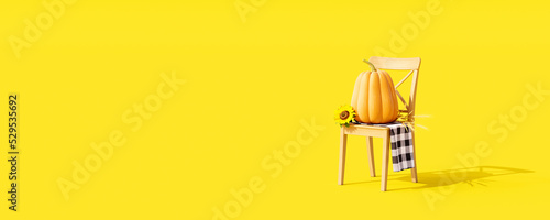 Autumn seasonal concept on yellow background with pumpkin on wooden chair 3d render 3d illustration photo