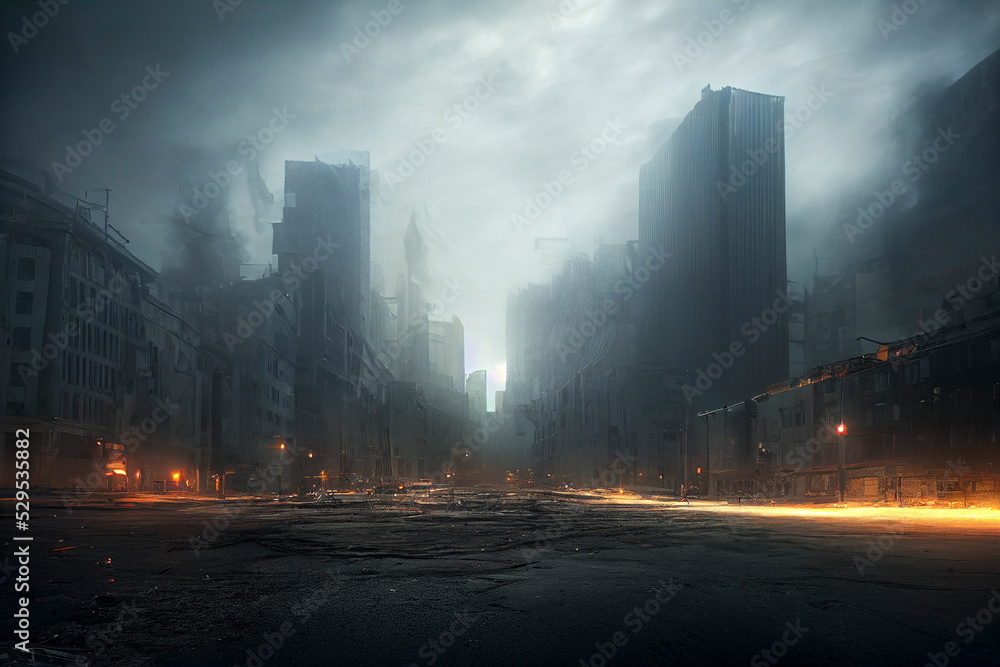 Post-apocalyptic city, destroyed buildings, dystopian landscape ...