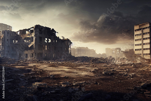 Post-apocalyptic city  destroyed buildings  dystopian landscape painting