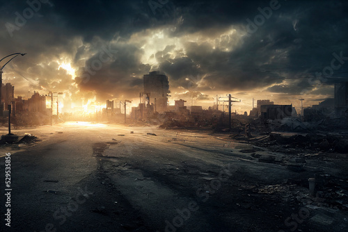 Post-apocalyptic city, destroyed buildings, dystopian landscape painting