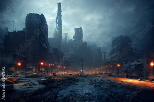 Post-apocalyptic city, destroyed buildings, dystopian landscape painting photo