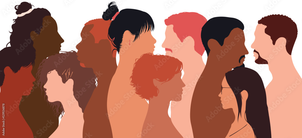 A flat cartoon of a diverse group of men and women standing together, supporting racial equality. Multi-ethnic and multiracial diversity. A flat cartoon of a diverse group of men and women standing together, supporting racial equality. Multi-ethnic and multiracial diversity.