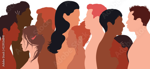 Multiple exposure, Conference or debate. Discussion or comparison between friends. A group of isolated coloured flat cartoon characters talking. A group of isolated coloured flat cartoon characters.