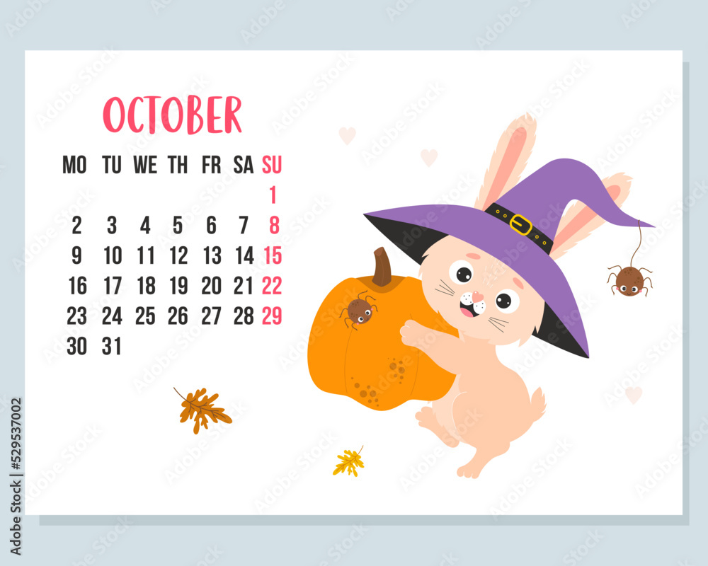 October 2023 calendar. Cute bunny Halloween wearing witch hat with spider and big orange pumpkin. Vector illustration. horizontal Template. Week from Monday In English. October 2023 calendar. Cute bunny Halloween wearing witch hat with spider and big orange pumpkin. Vector illustration. horizontal Template. Week from Monday In English.