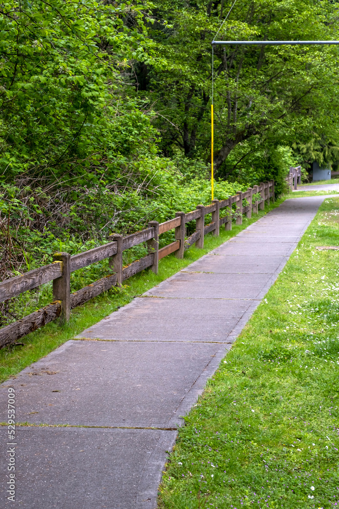 Short wooden fence between woodlands and sidewalk