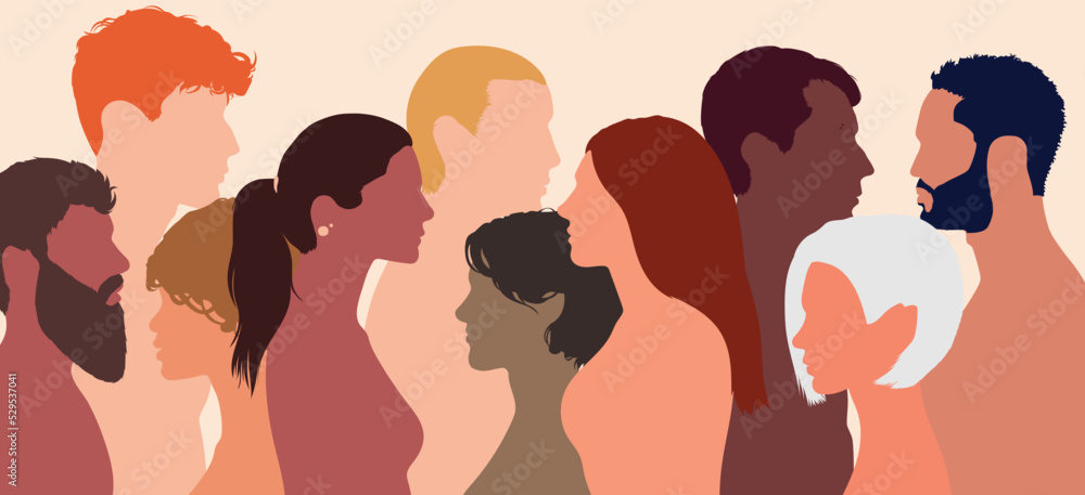 A multicultural group of men and women of diverse culture, representing racial equality and anti-racism. Multicultural society. Flat cartoon profile. A multicultural group of men and women of diverse culture, representing racial equality and anti-racism. Multicultural society. Flat cartoon profile.