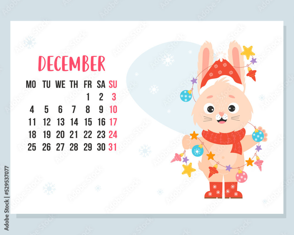 Obraz premium December 2023 calendar. Cute bunny in santa hat with garland and christmas balls. Vector illustration. horizontal Template. Week from Monday In English. rabbit symbol 2023 year to Chinese zodiac