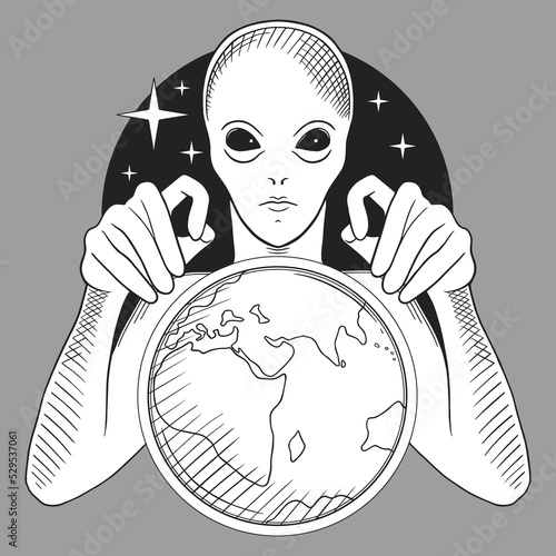 The alien and the planet Earth in space among the stars. Page of coloring book. Vector illustration isolated on white background.