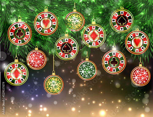 Happy New  year. Christmas Casino banner with poker chip, vector illustration