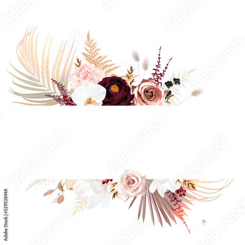 Trendy dried palm leaves, white magnolia flower, orchid, dark burgundy ranunculus, pampas grass