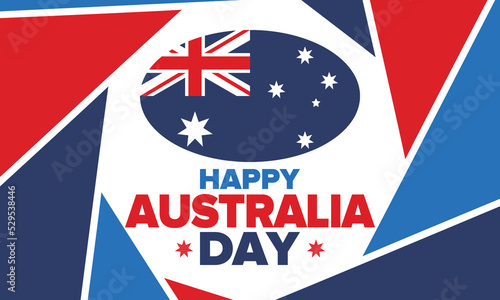 Australia Day. National happy holiday, celebrated annual in January 26. Australian flag. Patriotic elements. Poster, card, banner and background. Vector illustration