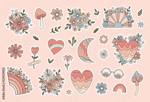 Pink pastel color flowers stickers. Moon, leaves, flowers, rainbows set stikers for diary.
