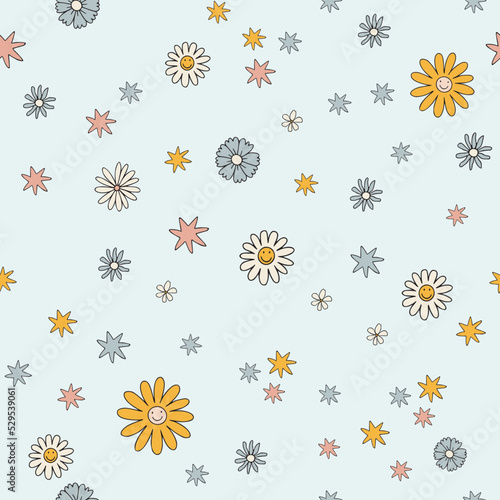 Colorful floral seamless pattern. Groovy flowers vector illustration, hippie aesthetic. Funny multicolored print for fabric, paper, any surface design. Psychedelic wallpaper