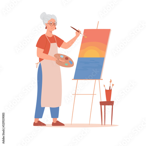 An elderly woman artist draws a picture at the easel. Pensioner painting a landscape Sunset in watercolor and oil. Brushes and palette in the hands of artist, creativity, hobby. Vector illustration.
