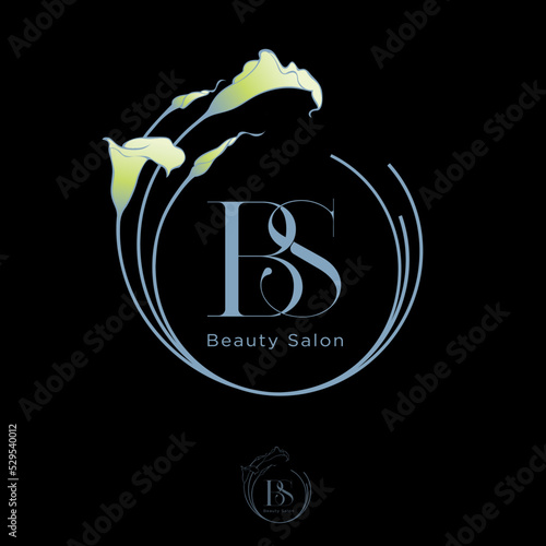 Letter B and Letter S in rounded frame with lilies. Icon consists of intertwined elements. Beauty Salon, Beauty Stylist monogram.