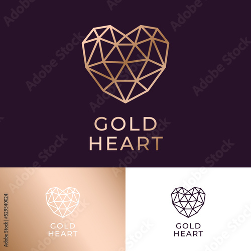 Low poly heart icon as gold structure. Faceted heart on a dark background. 