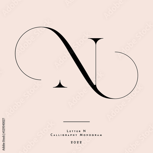 The letter N with decorative curls. 
N monogram. Nature logo. Icon for beauty product, cosmetics, clothes, beauty industry, spa.