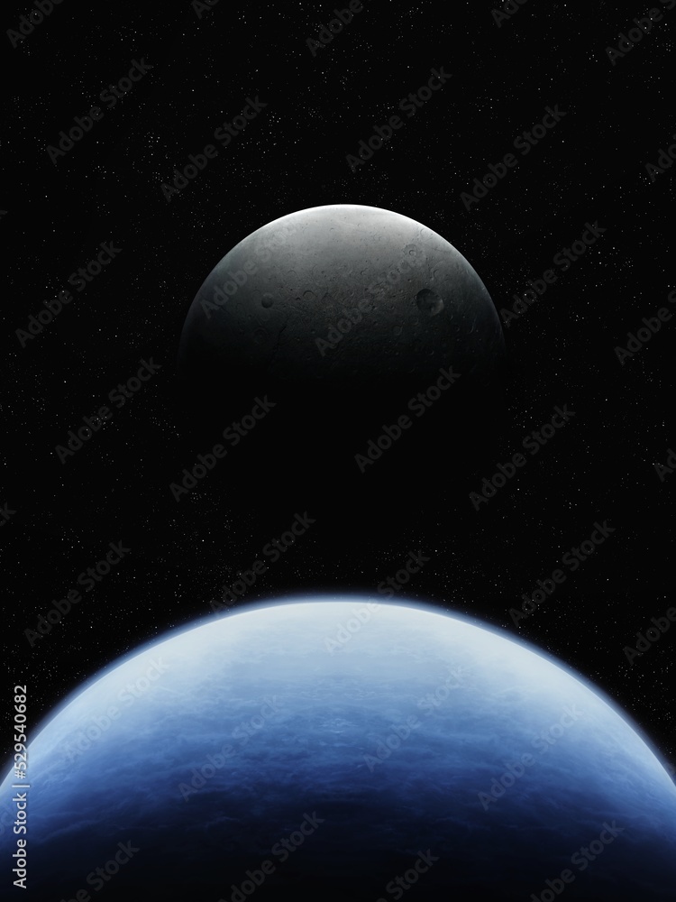 A large rocky moon with craters over a blue Earth-like planet. Space landscape. A large rocky moon with craters over a blue Earth-like planet. Space landscape.