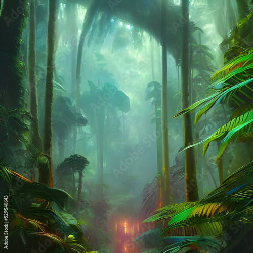 A 3d digital rendering of a tropical rainforest environment with lush green foliage. © Elle Arden 