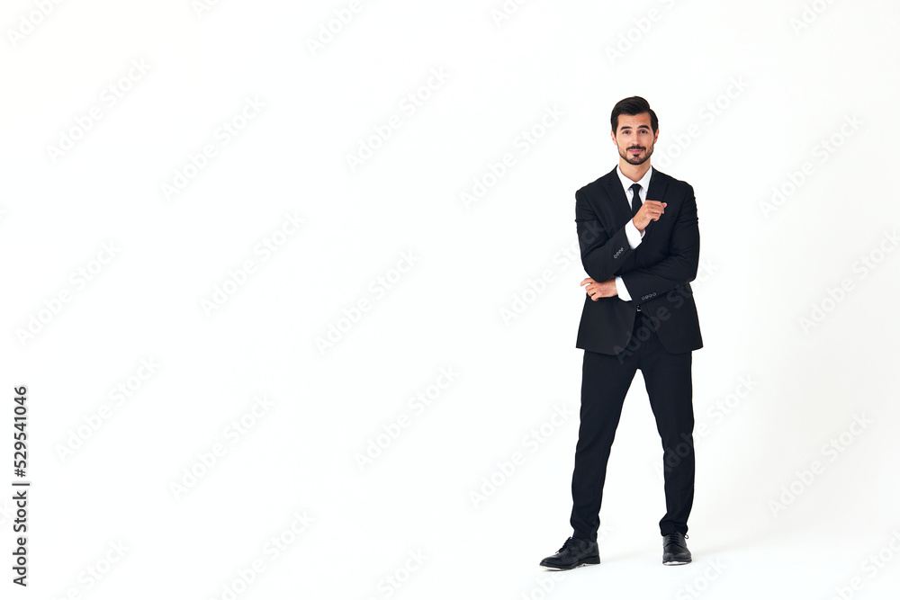 Man business smile with teeth in a suit business job walks open mouth happiness and surprise full-length on white isolated background copy space Man business smile with teeth in a suit business job walks open mouth happiness and surprise full-length on white isolated background copy space