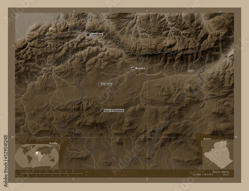 Bouira, Algeria. Sepia. Labelled points of cities photo