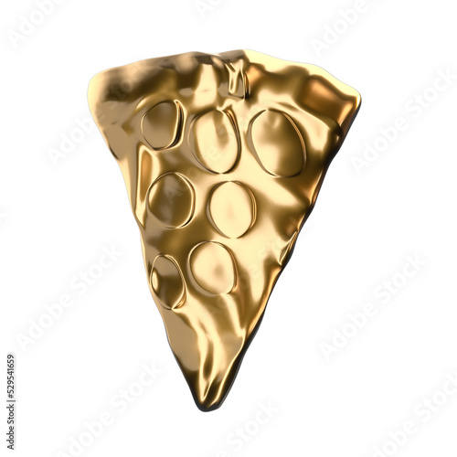 Slice of gold pizza 3d rendered shiny and reflective isolated transparent on white. 3d pizza top view.