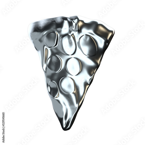 Slice of silver pizza 3d rendered shiny and reflective isolated transparent on white. 3d pizza top view.