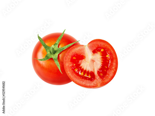 Tomato red whole and half cut vegetables isolated transparent png. Solanum lycopersicum ripe fruit.