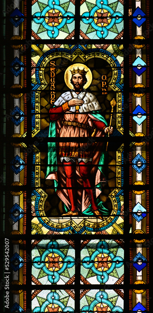 Stained-glass window depicting Saint Edward the Confessor. Blumental church in Bratislava, Slovakia. 2021/07/20.
