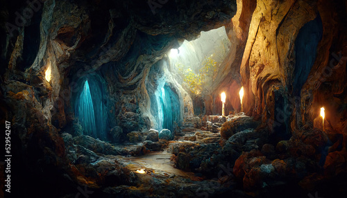 A Gem Mine Cave Underground. Molten Lava Cave. Deep Cavern. Big Stalactite. Concept Art Scenery. Book Illustration. Video Game Scene. Serious Digital Painting.CG Artwork Background.

