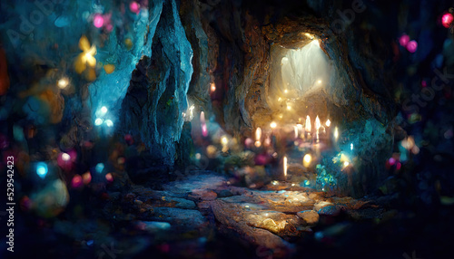 A Gem Mine Cave Underground. Molten Lava Cave. Deep Cavern. Big Stalactite. Concept Art Scenery. Book Illustration. Video Game Scene. Serious Digital Painting.CG Artwork Background. 