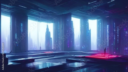 Futuristic high-tech night room  office in cyberpunk dystopian New York. Modern neon interior  a large panoramic window with a view of the city at night. Reflection of rays of light. 3D illustration