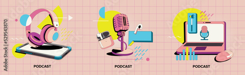 drawn headphones, microphone, phone and laptop. Compositions in the style of flat with geometric multi-colored elements. Isolated objects