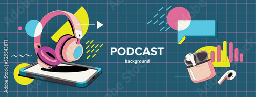 Set of vector elements on the topic of podcast. Headphones, a phone with a text block and sleep bauble in the style of the 90s. Compositions in the style of flat with geometric multi-colored elements