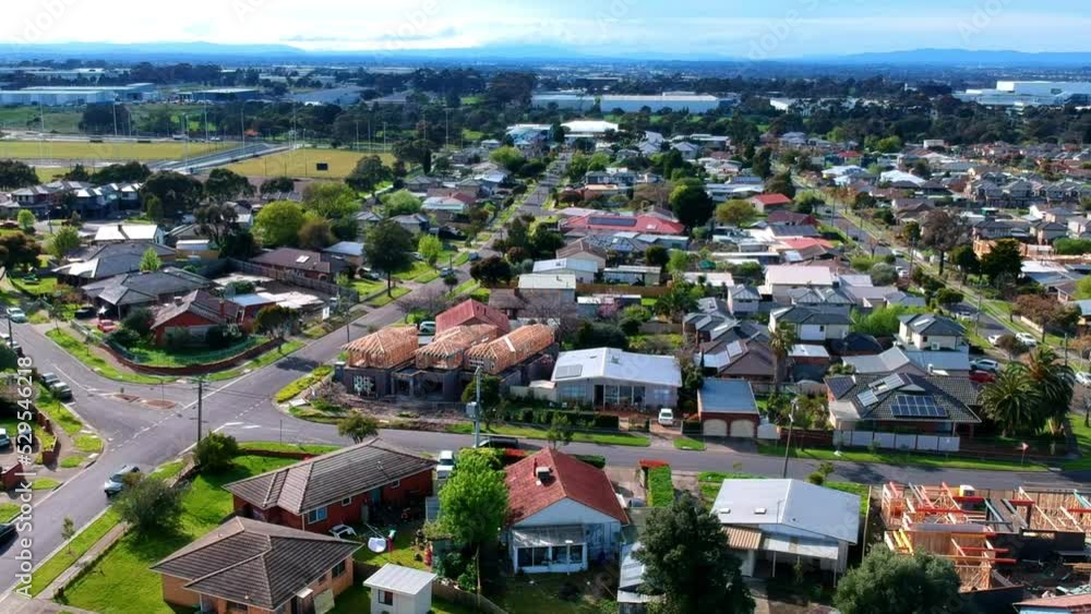 Panoramic aerial Drone view of Melbournes suburbs and CBD looking down at Houses roads and Parks Victoria Australia Panoramic aerial Drone view of Melbournes suburbs and CBD looking down at Houses roads and Parks Victoria Australia