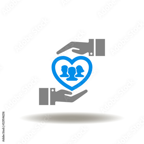 Vector illustration of caring palms about heart and customer group. Icon of customer service evaluation. Symbol of CRM. Sign of consumer care.