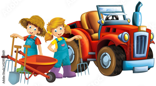 cartoon scene with farmer girl and boy near the tractor isoalated illustration for children photo