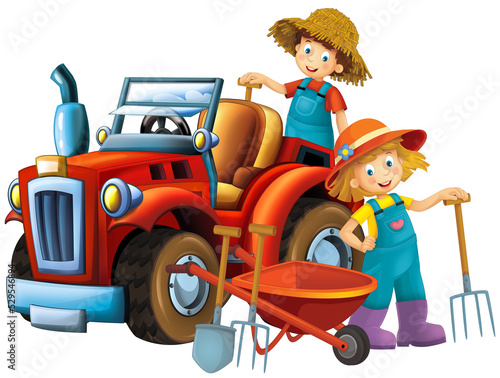 cartoon scene with farmer girl and boy near the tractor isoalated illustration for children