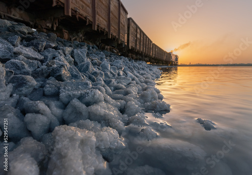 Salt mining train that transports salt extracted in Lake Baskunchak photo
