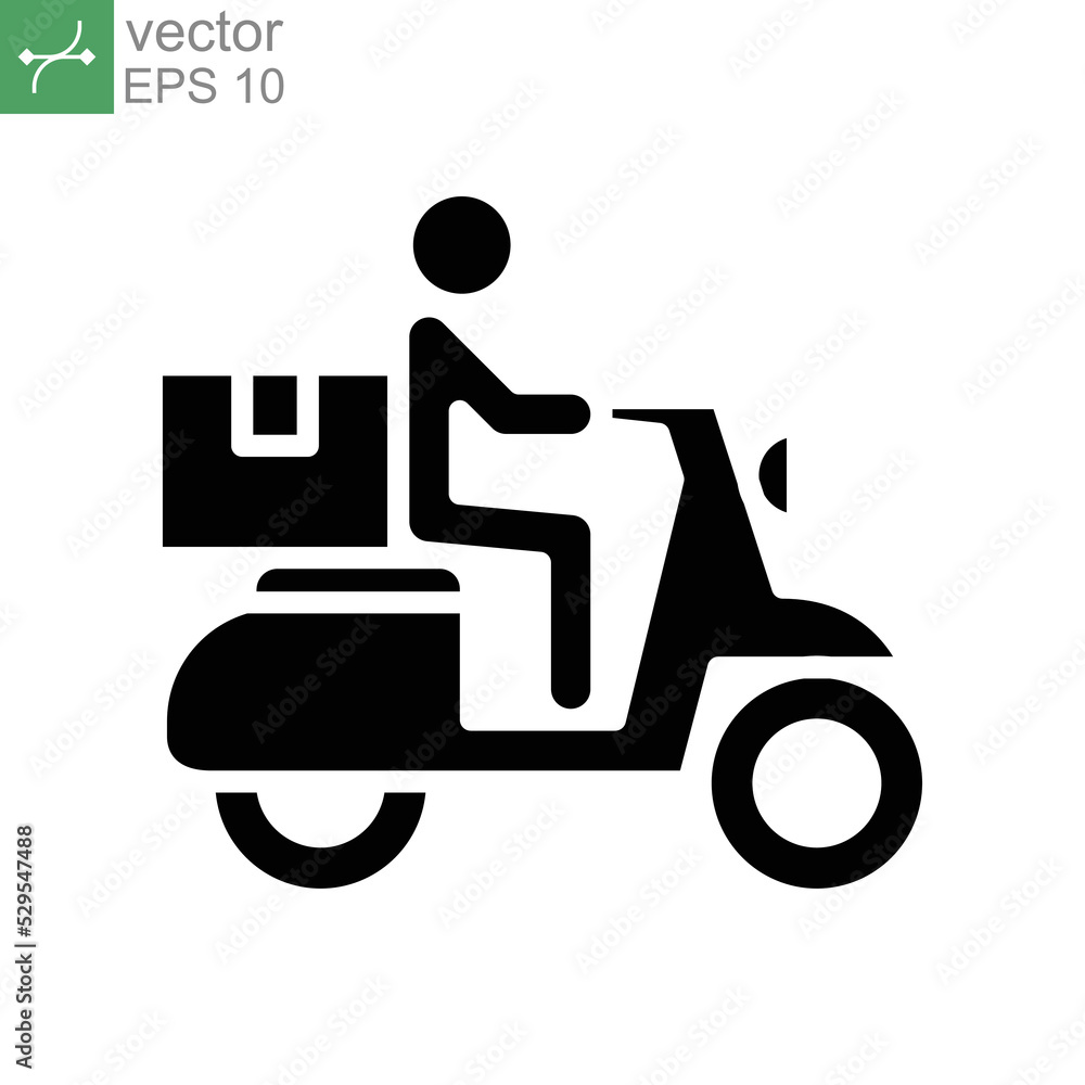 Delivery bike glyph icon. Courier Service man. shipping fast delivery man riding motorcycle. Track and trace processing. Fast delivery scooter Vector illustration design on white background EPS 10 Delivery bike glyph icon. Courier Service man. shipping fast delivery man riding motorcycle. Track and trace processing. Fast delivery scooter Vector illustration design on white background EPS 10