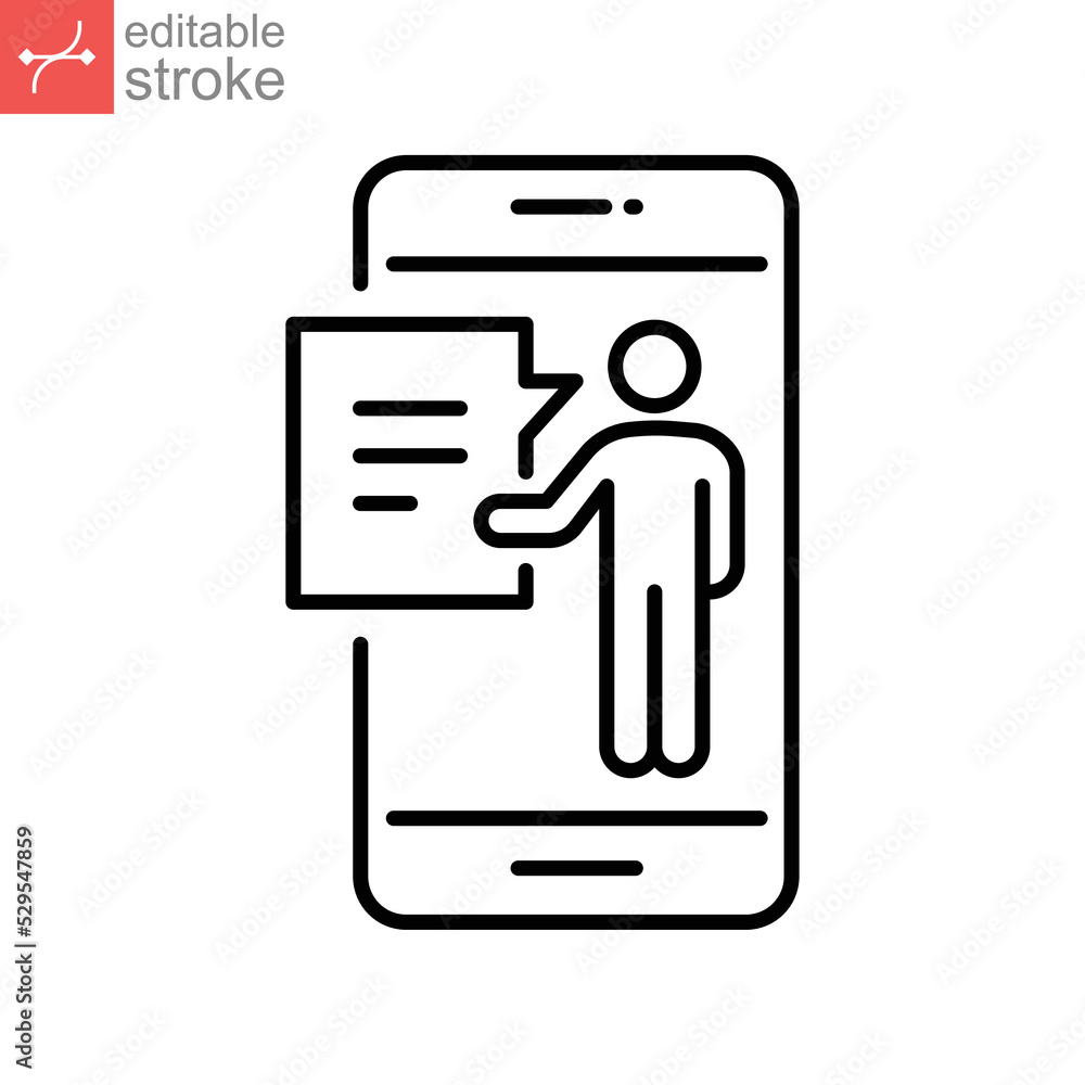 online workshop outline icon. People and bubble chat message for communication of online training courses discussion in smartphone Editable stroke vector illustration design on white background EPS 10 online workshop outline icon. People and bubble chat message for communication of online training courses discussion in smartphone Editable stroke vector illustration design on white background EPS 10