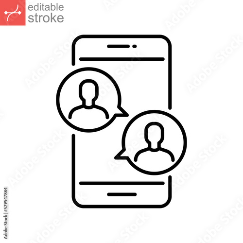 online meetup outline icon. Two people in dialog discussion group. Distant work. Online business chat and meet up together using tablet or smartphones Editable stroke Design on white background EPS 10