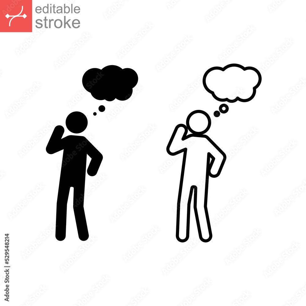 Thinking man icon person line and glyph icon. Human think activities symbol with speech bubble for inspiration and solution. Editable stroke. vector illustration. design on white background. EPS 10 Thinking man icon person line and glyph icon. Human think activities symbol with speech bubble for inspiration and solution. Editable stroke. vector illustration. design on white background. EPS 10