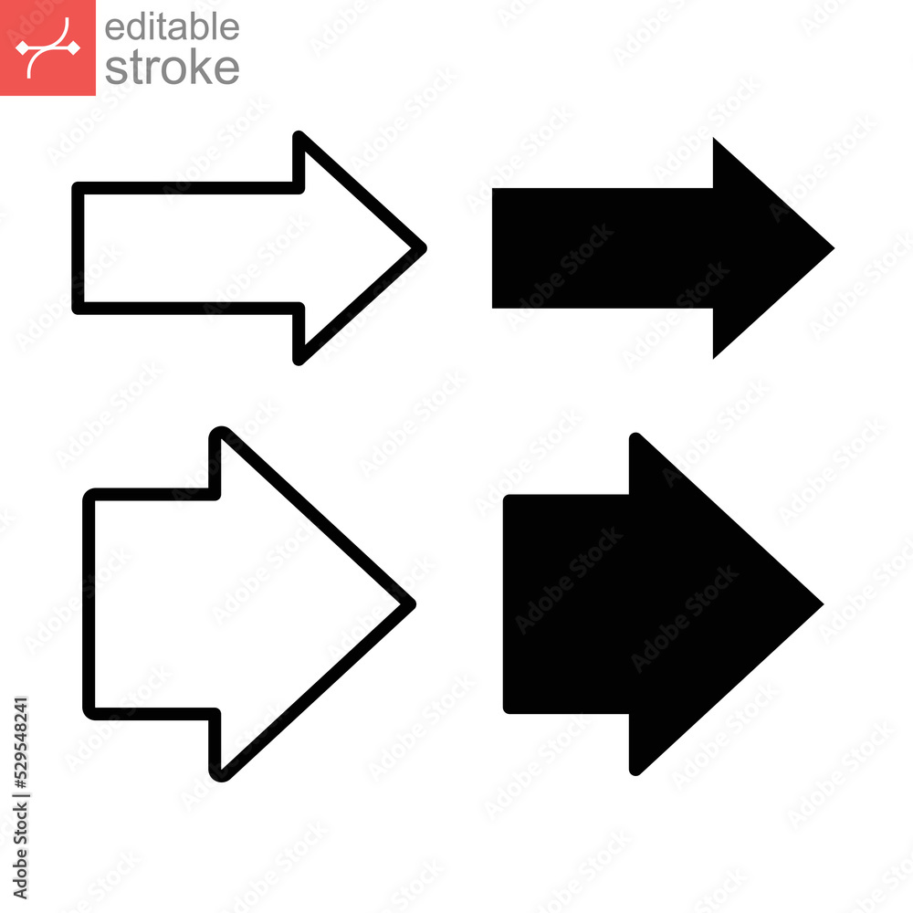 Arrow vector right sign isolated direction icon black simple next button line and glyph. Different Arrows for business infographic Editable stroke vector illustration design on white background EPS 10 Arrow vector right sign isolated direction icon black simple next button line and glyph. Different Arrows for business infographic Editable stroke vector illustration design on white background EPS 10
