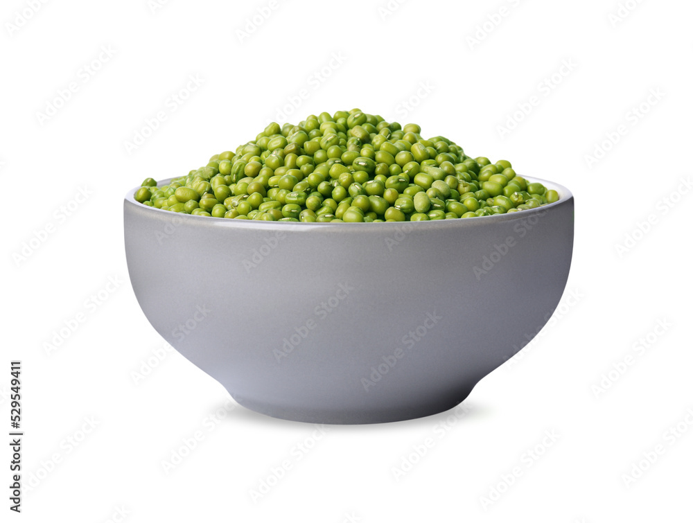 Bowl with green mung beans isolated on white. Organic grains Bowl with green mung beans isolated on white. Organic grains